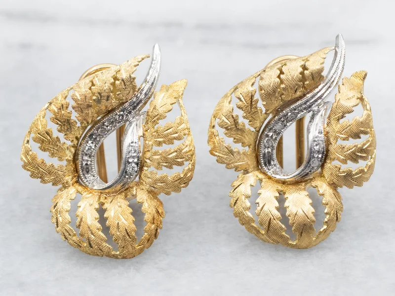 ladies earrings everyday silver-Yellow and White Gold Leaf Stud Earrings with Diamond Accents and Omega Backs