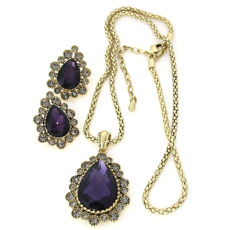 Ladies necklaces single layer necklaces-Necklace & Earring Set Amethyst Zirconia