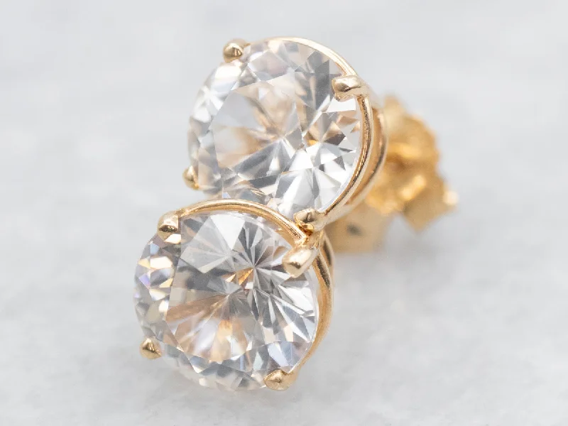 ladies earrings under 50-White Zircon Stud Earrings in Yellow Gold