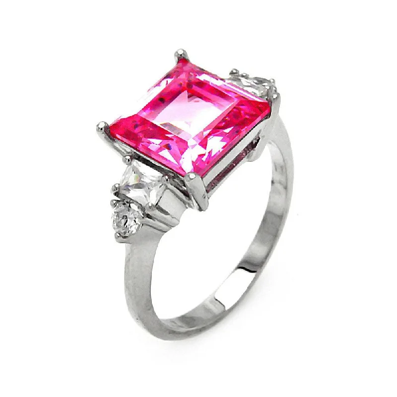 ladies ring lightweight silver-Clearance-Silver 925 Rhodium Plated Pink Princess Cut CZ Ring - STR00014