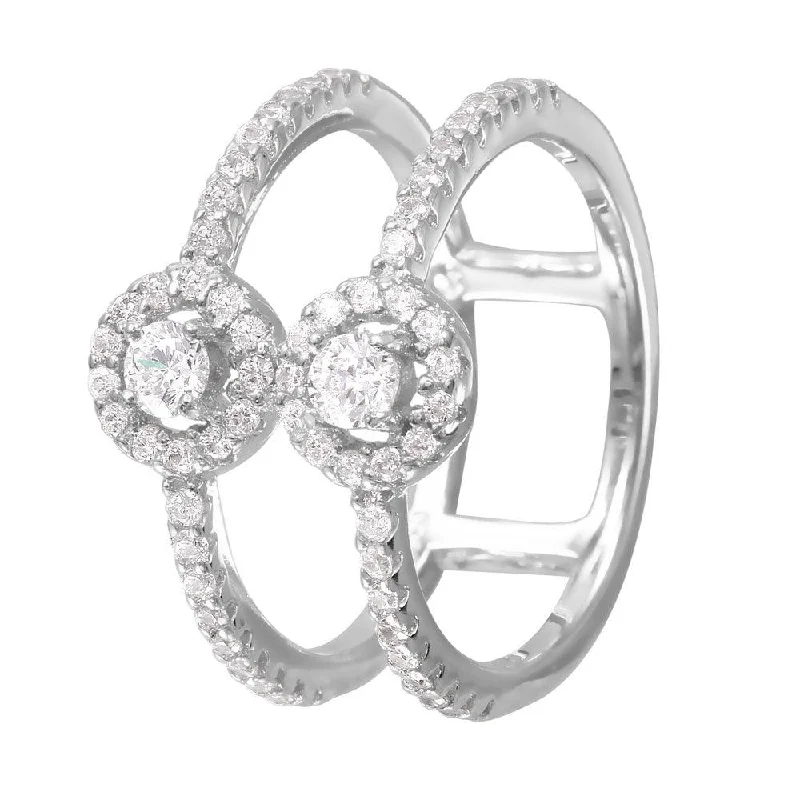 ladies ring vintage silver-Silver 925 Rhodium Plated CZ Accented Two-Band Ring - BGR00996