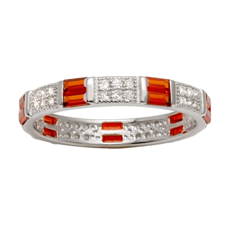 ladies ring for engagement-Rhodium Plated 925 Sterling Silver Pattern Eternity Ring with Red and Clear CZ - BGR01177RED