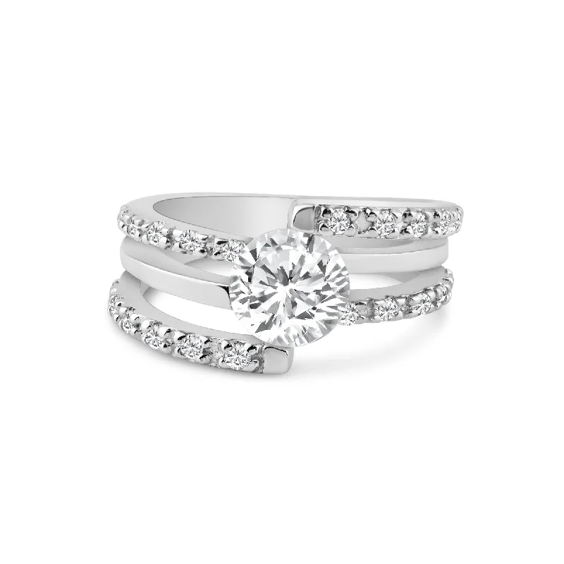 ladies ring carved-Silver 925 Rhodium Plated Clear Round Center CZ Intertwining Ring - AAR0066