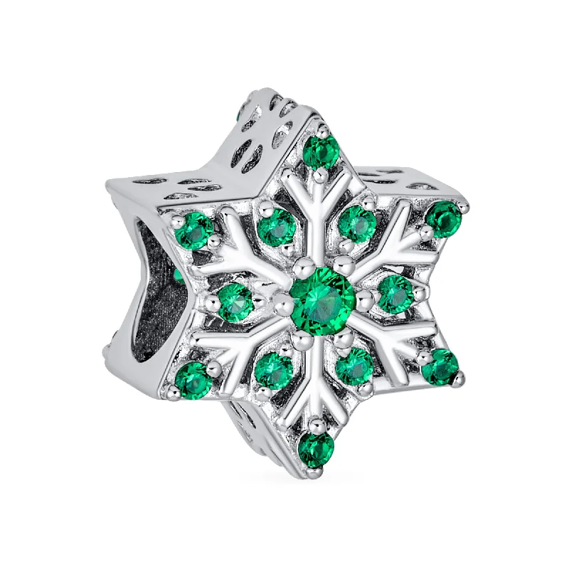 Ladies bracelets minimalist art styles-Christmas Charm Bead Green Crystal Snowflake for European Bracelet Sterling Silver