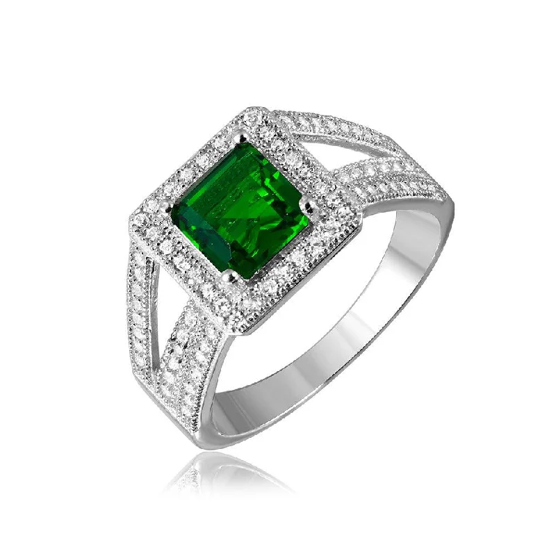 ladies ring heavy duty-Silver 925 Rhodium Plated Green Square Halo with Micro Pave CZ Ring - GMR00103G