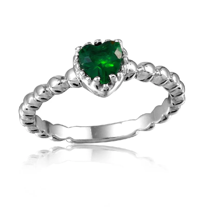 ladies ring formal silver-Silver 925 Rhodium Plated Beaded Band Green Heart Center Stone Ring - BGR01052GRN