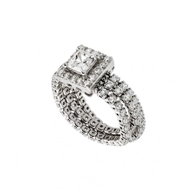 ladies ring asymmetrical-Silver 925 Rhodium Plated Pave Set Clear CZ Flexible Square Ring - GMR00010