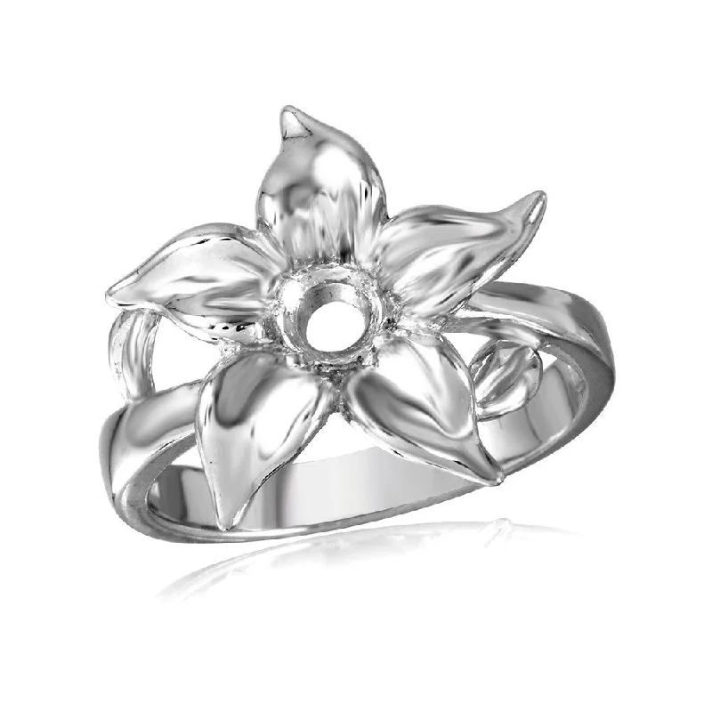 ladies ring ethical-Silver 925 Rhodium Plated Flower Single Stone Mounting Ring - BGR00500