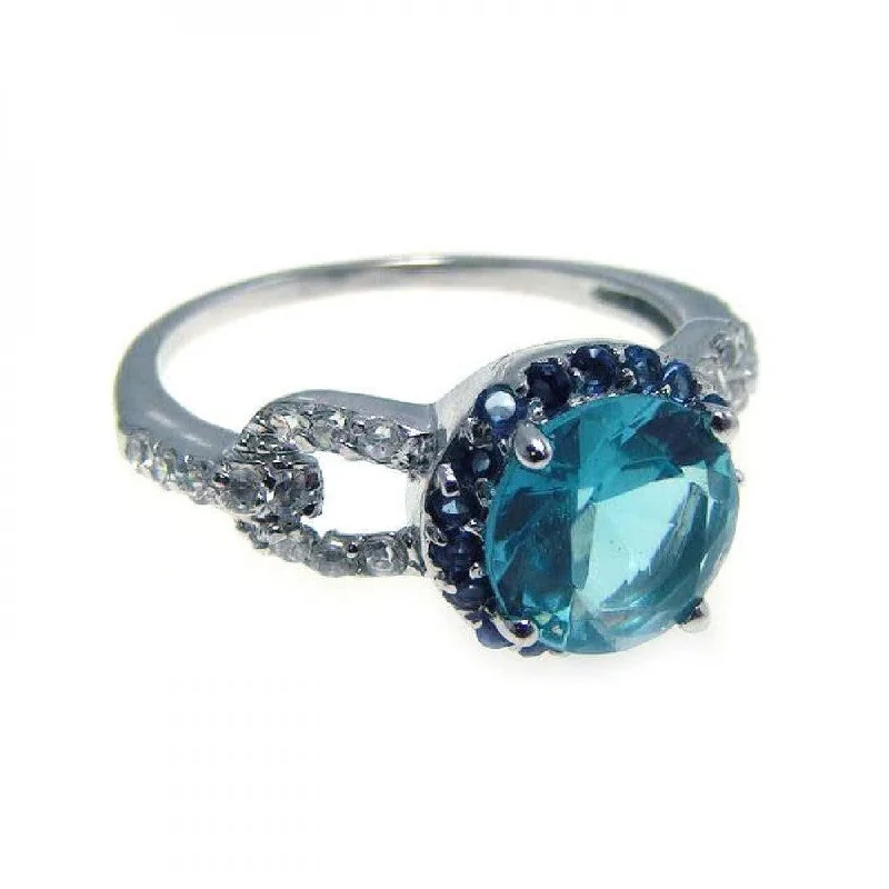 ladies ring designer-Silver 925 Rhodium Plated Blue Center Cluster and Clear CZ Ring - STR00532