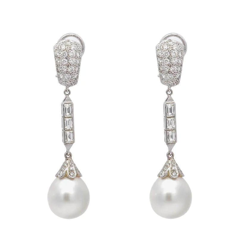 ladies earrings clearance silver-Retro Cultured Pearl & Diamond Drop Earrings