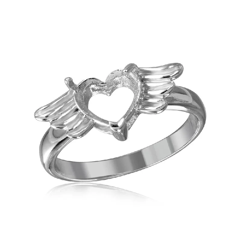 ladies ring asscher cut-Silver 925 Rhodium Plated Heart with Wings Mounting Ring - BGR01217