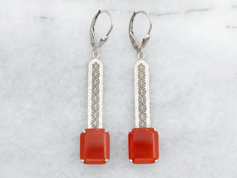 ladies earrings bar gold-Filigree Carnelian Drop Earrings