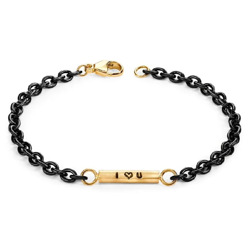 Ladies bracelets heavy duty designs-3.8mm Stainless Steel Black Chain I Heart U Round Bar Bracelet