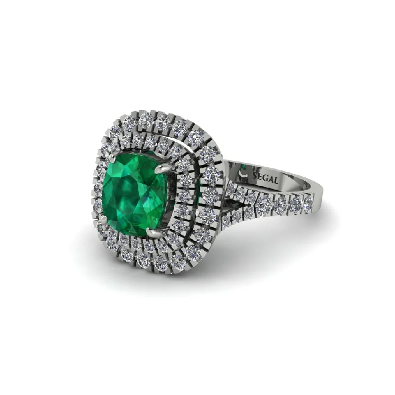 ladies engagement ring bold designs-Emerald Double Halo Cushion Cut Engagement Ring - Courtney No. 6