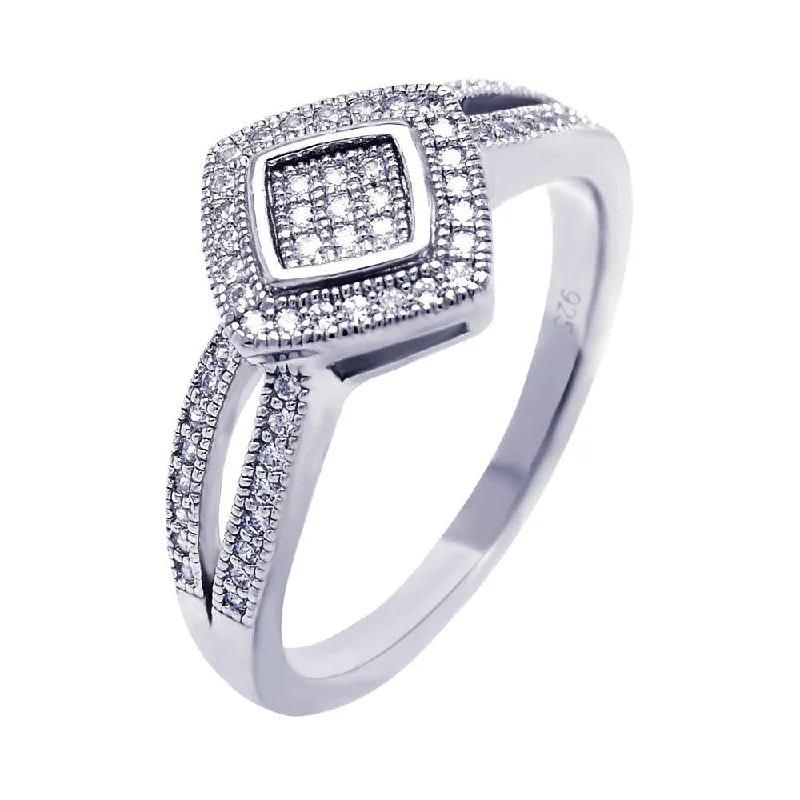 ladies ring lead free-Silver 925 Rhodium Plated Micro Pave CZ Diamond Shaped Ring - ACR00040