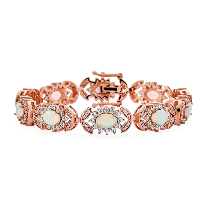 Ladies bracelets fair trade styles-Gemstone CZ & Opal Tennis Bracelet Vintage Style Rose Gold Sterling Silver 7 Inch