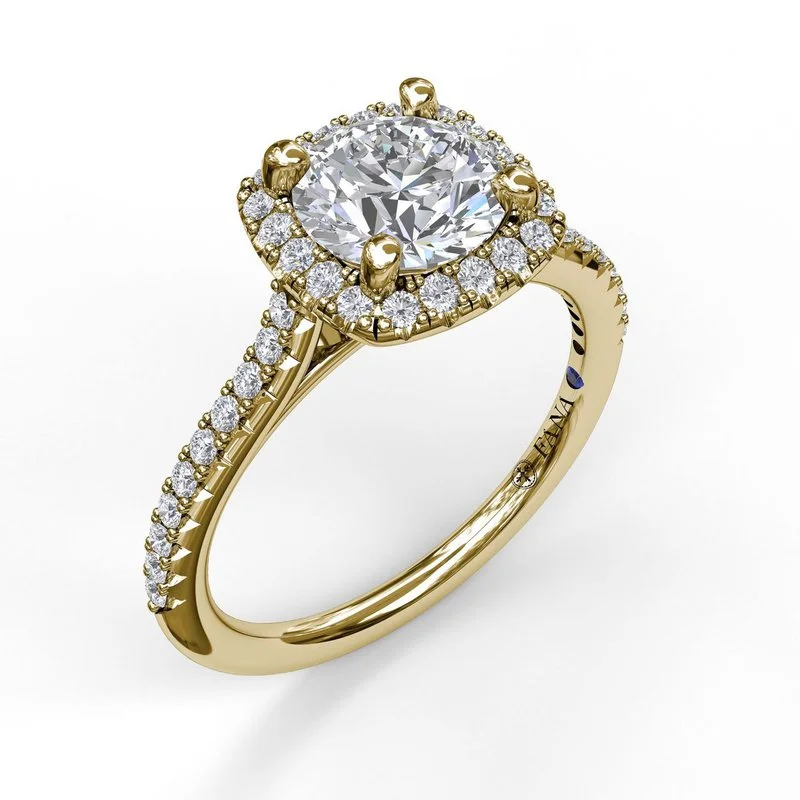 ladies engagement ring lace-inspired-Delicate Cushion Halo Engagement Ring With Pave Shank