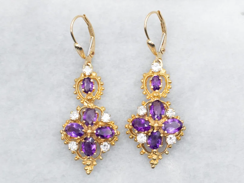 ladies earrings edwardian-Amethyst and Diamond Drop Earrings