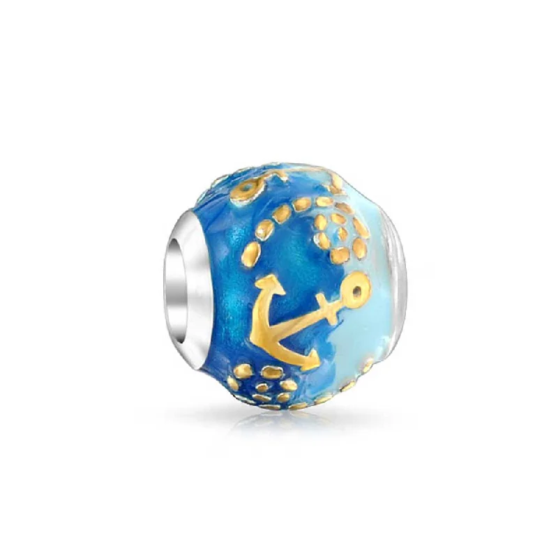 Ladies bracelets tight fit cuffs-Tropical Ocean Blue Waves Anchor Charm Bead Gold Plated Silver for Bracelet