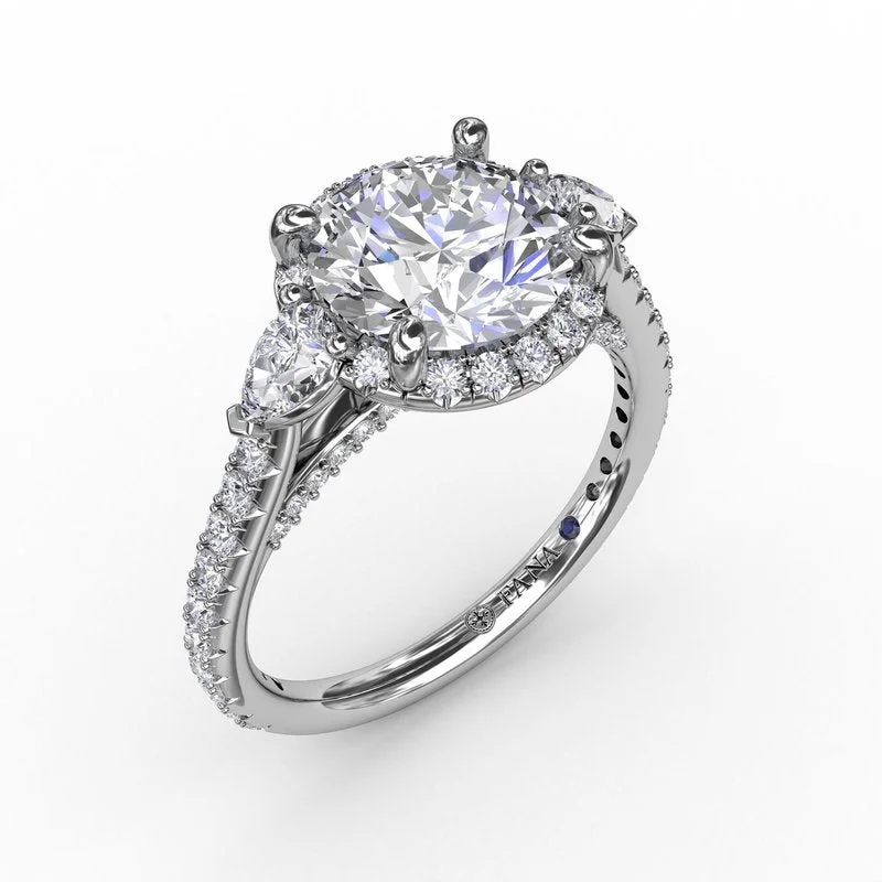 ladies engagement ring best deals gold-Round Diamond Halo Engagement Ring With Pear-Shape Side Stones