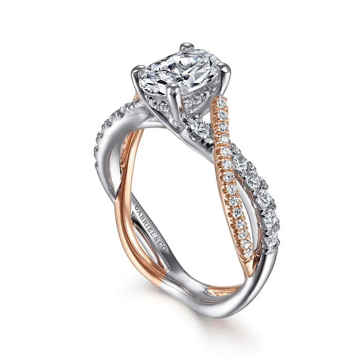 ladies engagement ring curved-14K White-Rose Gold Oval Diamond Twisted Engagement Ring