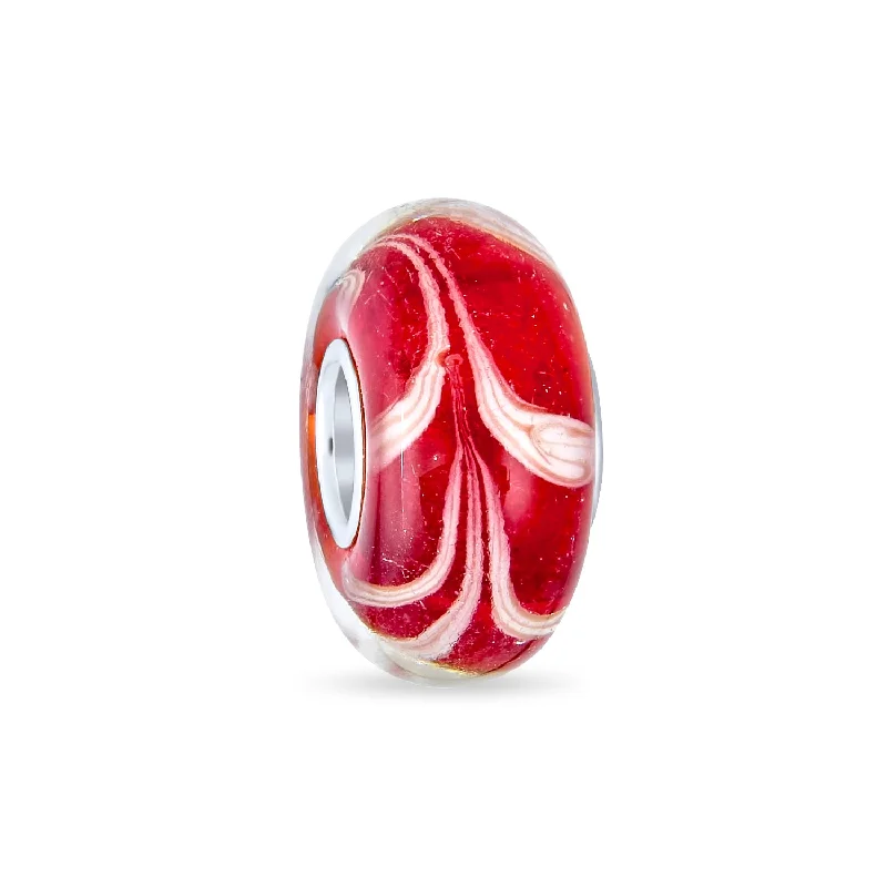 Ladies bracelets cushion cut bracelets-Red White Vine Murano Glass Charm Bead with Sterling Silver Core for Bracelets