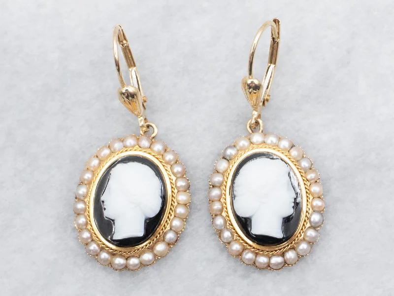 ladies earrings elegant rose gold-Onyx Cameo and Seed Pearl Drop Earrings