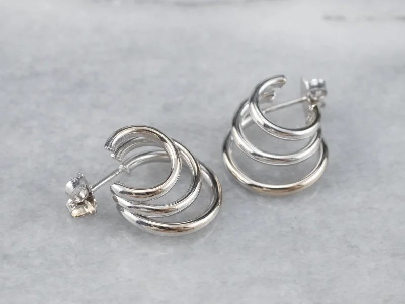 ladies earrings bar gold-White Gold Triple Hoop Earrings