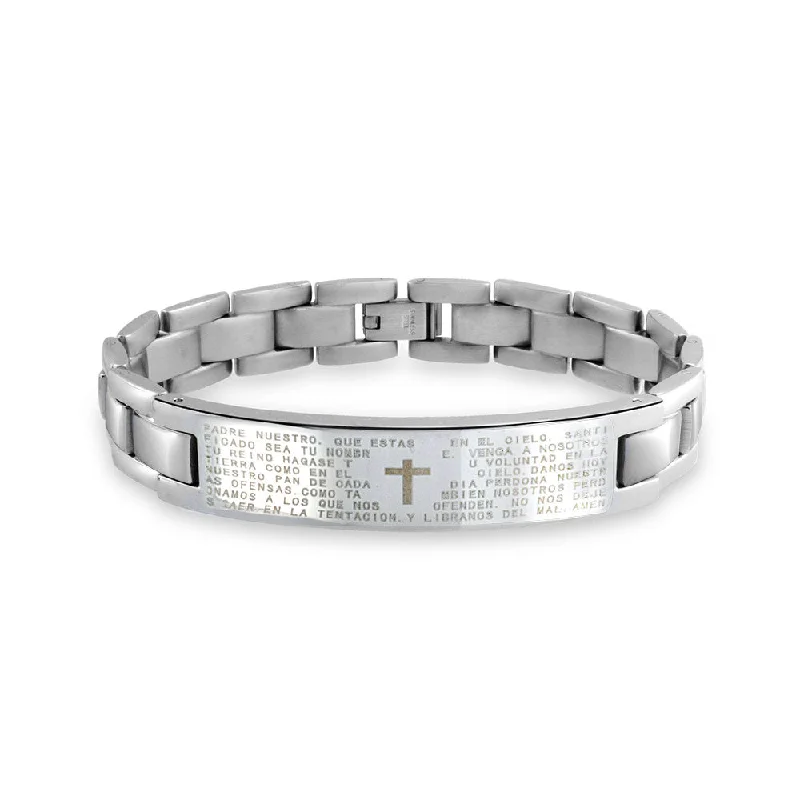 Ladies bracelets distressed look designs-Our Lords Prayer Cross Link Wrist ID Bracelet for Men in Silver Tone Stainless Steel