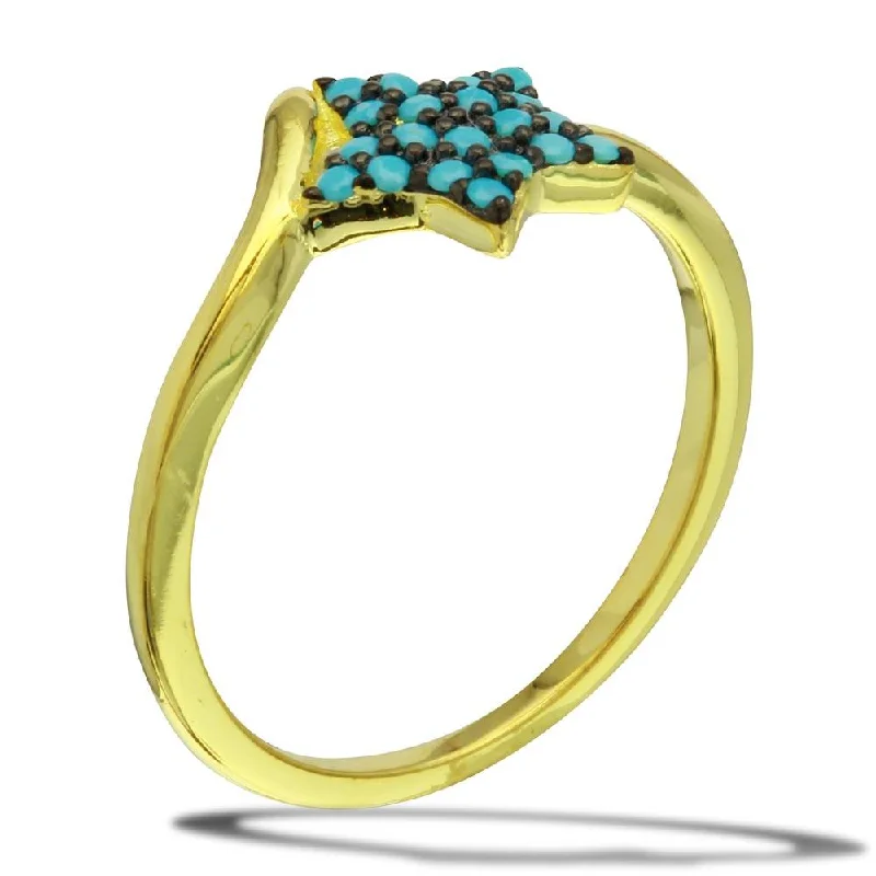 ladies ring minimalist-Gold Plated 925 Sterling Silver Star Ring with Turquoise Beads - BGR01115