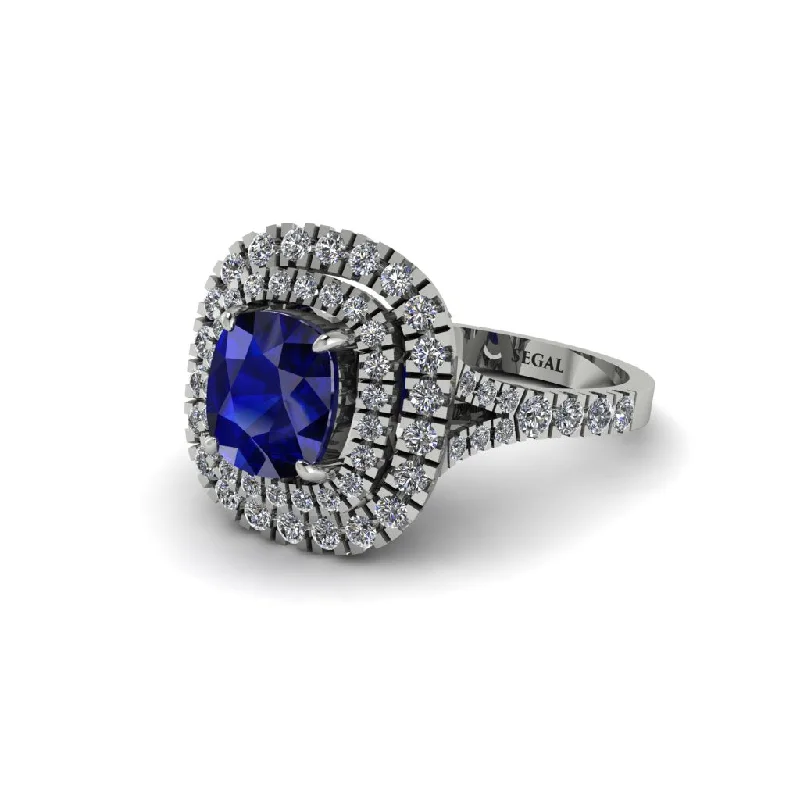 ladies engagement ring openwork-Sapphire Double Halo Cushion Cut Engagement Ring - Courtney No. 15