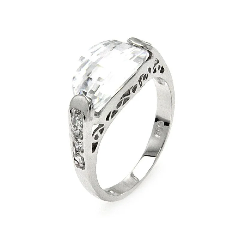 ladies ring sun design-Silver 925 Rhodium Plated Oval Clear Center and Round CZ Ring - BGR00542