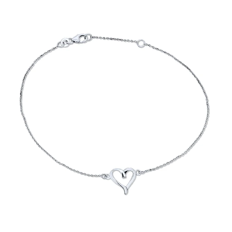 Ladies bracelets African motif styles-Delicate Heart Anklet Ankle Bracelet Sterling Silver 9-10 Inch Extender