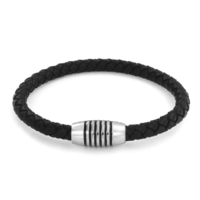 Ladies bracelets compact size styles-Unisex Black Woven Leather Cuff Bracelet with Stainless Barrel Clasp for Men