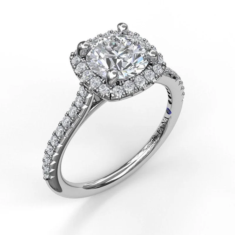 ladies engagement ring trendy-Delicate Cushion Halo Engagement Ring With Pave Shank