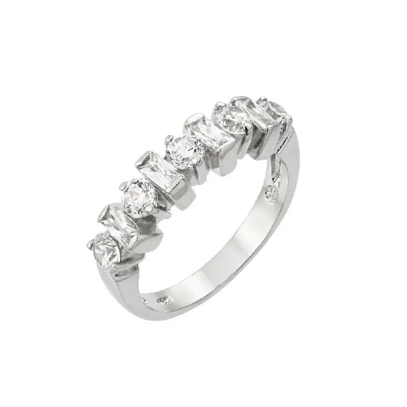 ladies ring gothic silver-Silver 925 Rhodium Plated Clear Round and Baguette CZ Half Row Ring - BGR00900