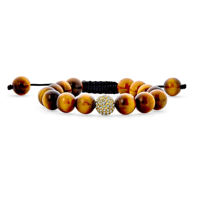 Ladies bracelets medium width styles-Unisex Chain Link Bracelet with Brown Tiger Eye and Crystal Beads Cord