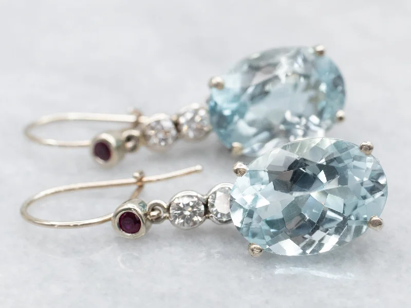 ladies earrings stud rose gold-Blue Topaz Diamond and Ruby Drop Earrings