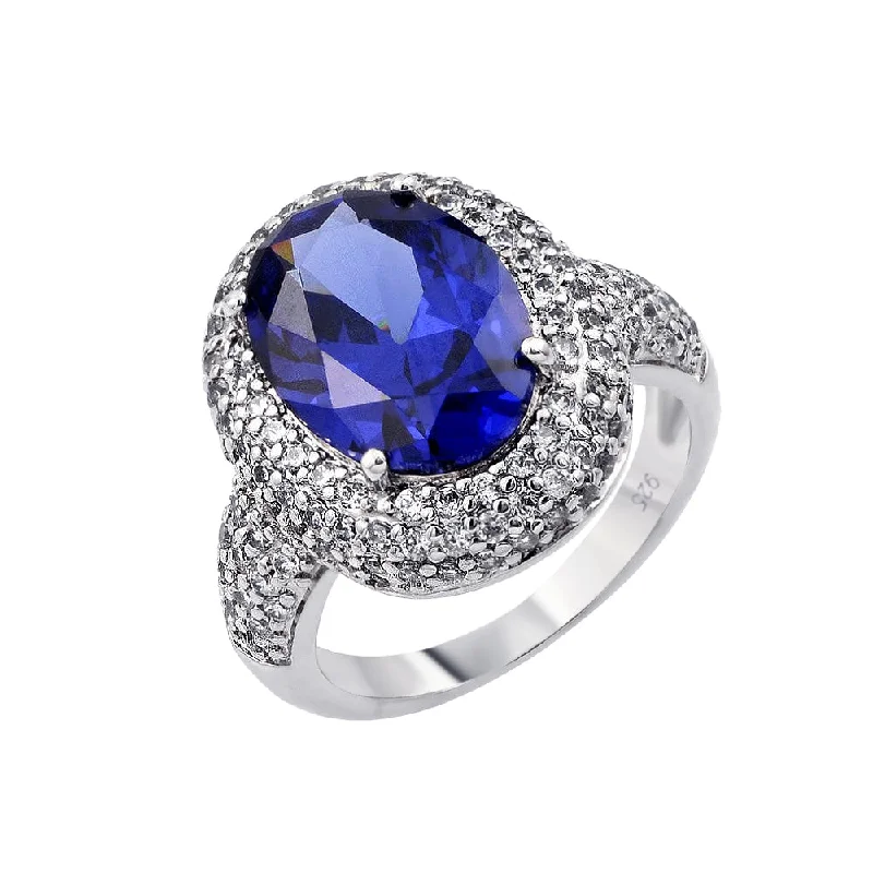 ladies ring gemstone gold-Silver 925 Rhodium Plated Blue Oval Center and Clear Micro Pave Set CZ Ring - BGR00778