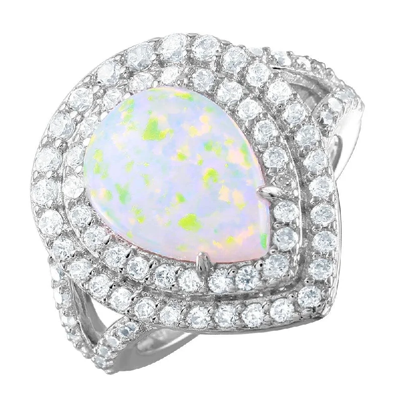 ladies ring heavy silver-Silver 925 Rhodium Plated Opal Teardrop Halo CZ Ring - BGR00995