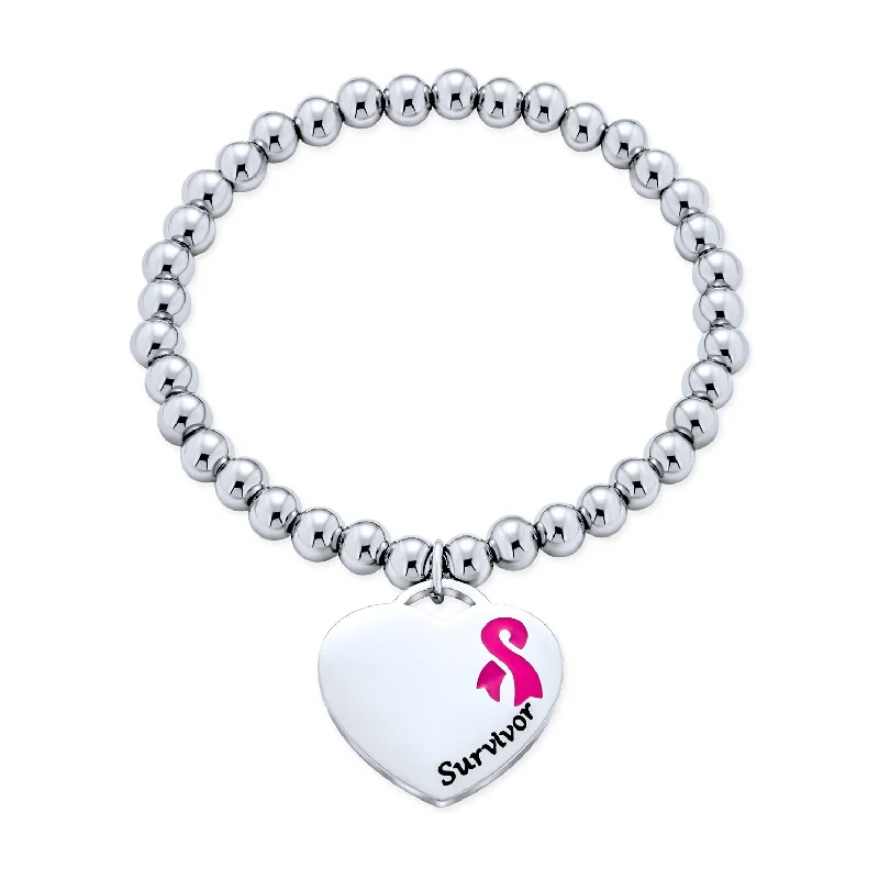 Ladies bracelets rustic charm styles-Heart Charm ID Bracelet with Pink Ribbon for Breast Cancer Survivor Silver Tone