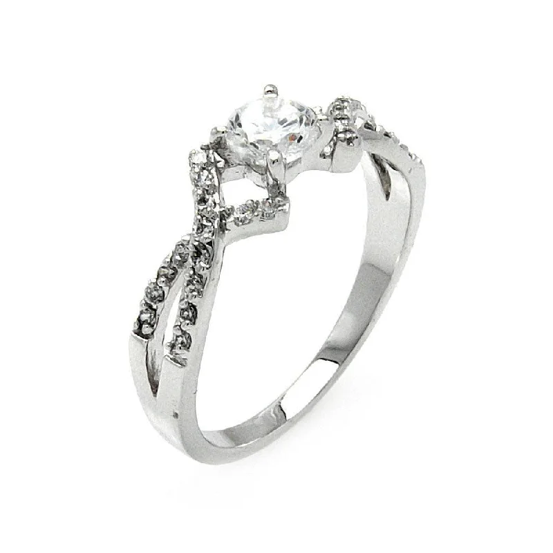 ladies ring modern gold-Silver 925 Rhodium Plated Clear Round Center CZ Overlap Ring - BGR00473