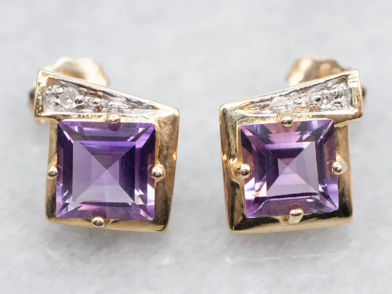 ladies earrings birthstone silver-Square Cut Amethyst and Diamond Stud Earrings