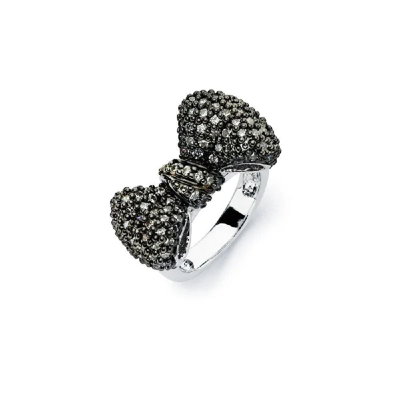 ladies ring trendy platinum-Silver 925 Rhodium and Black Rhodium Plated 2 Toned Black Micro Pave Set CZ Bow Ring - BGR00579