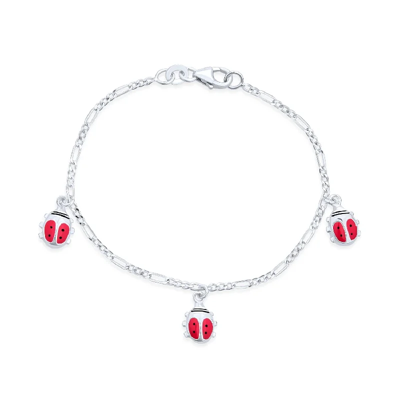 Ladies bracelets multi-stone bracelets-Pink Ladybug Dangling Charm Bracelet Women .925 Sterling Silver 6 Inch