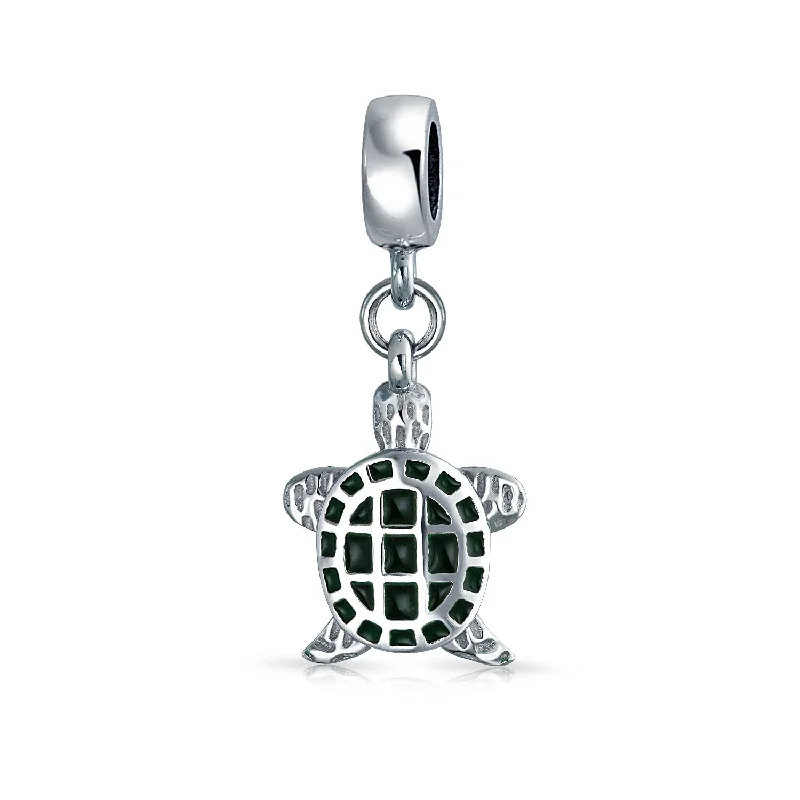 Ladies bracelets pink diamond styles-Nautical Green Turtle Dangle Charm Bead Sterling Silver for European Bracelet