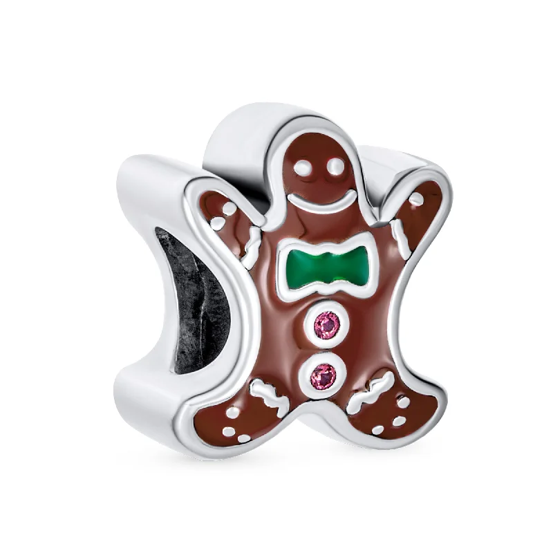 Ladies bracelets subtle beauty styles-Gingerbread Man Christmas Charm Bead Brown Enamel Sterling Silver for Bracelets