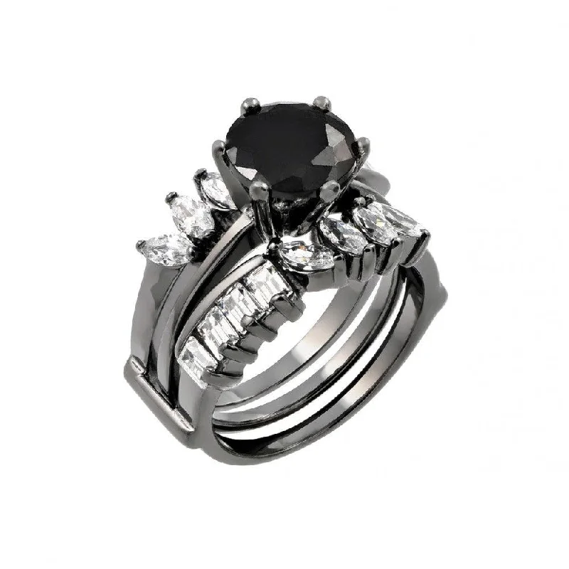 ladies ring 1920s style-Silver 925 Black Rhodium Plated Black Center Clear Baguette Marquise CZ Ring - STR00757BLK