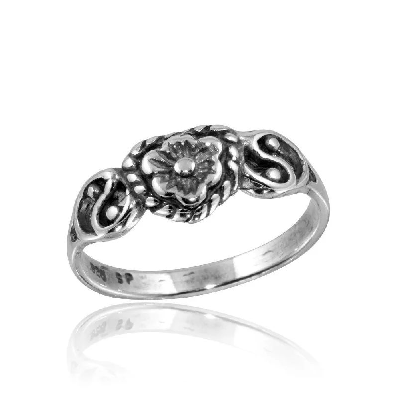 ladies ring summer styles-High Polished 925 Sterling Silver Mini Flower Ring - CR00816