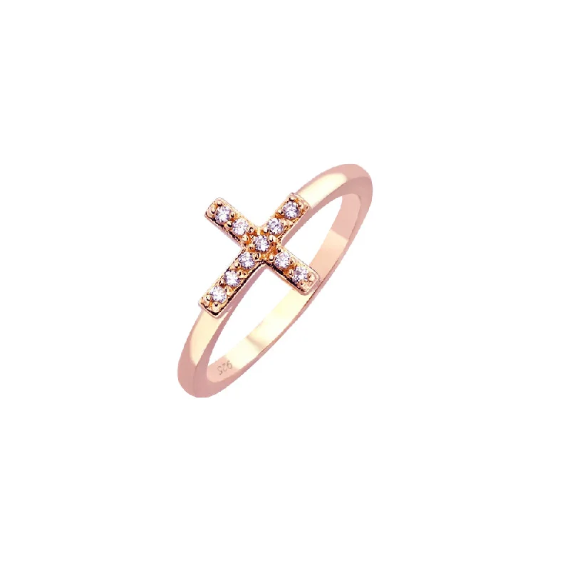 ladies ring unique platinum-Silver 925 Rose Gold Plated Clear CZ Mini Cross Ring - BGR00614RGP